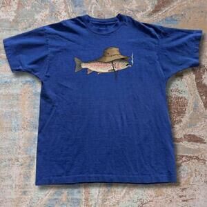 Blue Fishing Tee With Fish And Hat Design